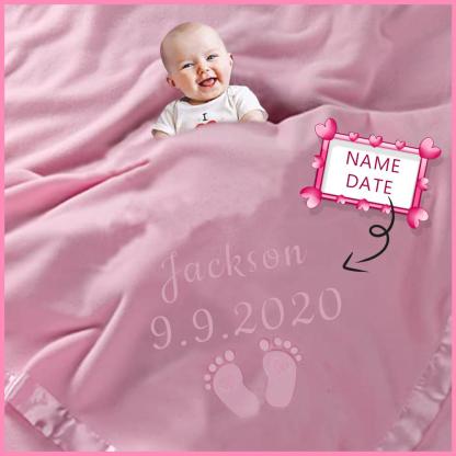 Personalized Newborn Gift Baby Blanket-Name and Date with Infant Heart Feet Design-Pink or Blue