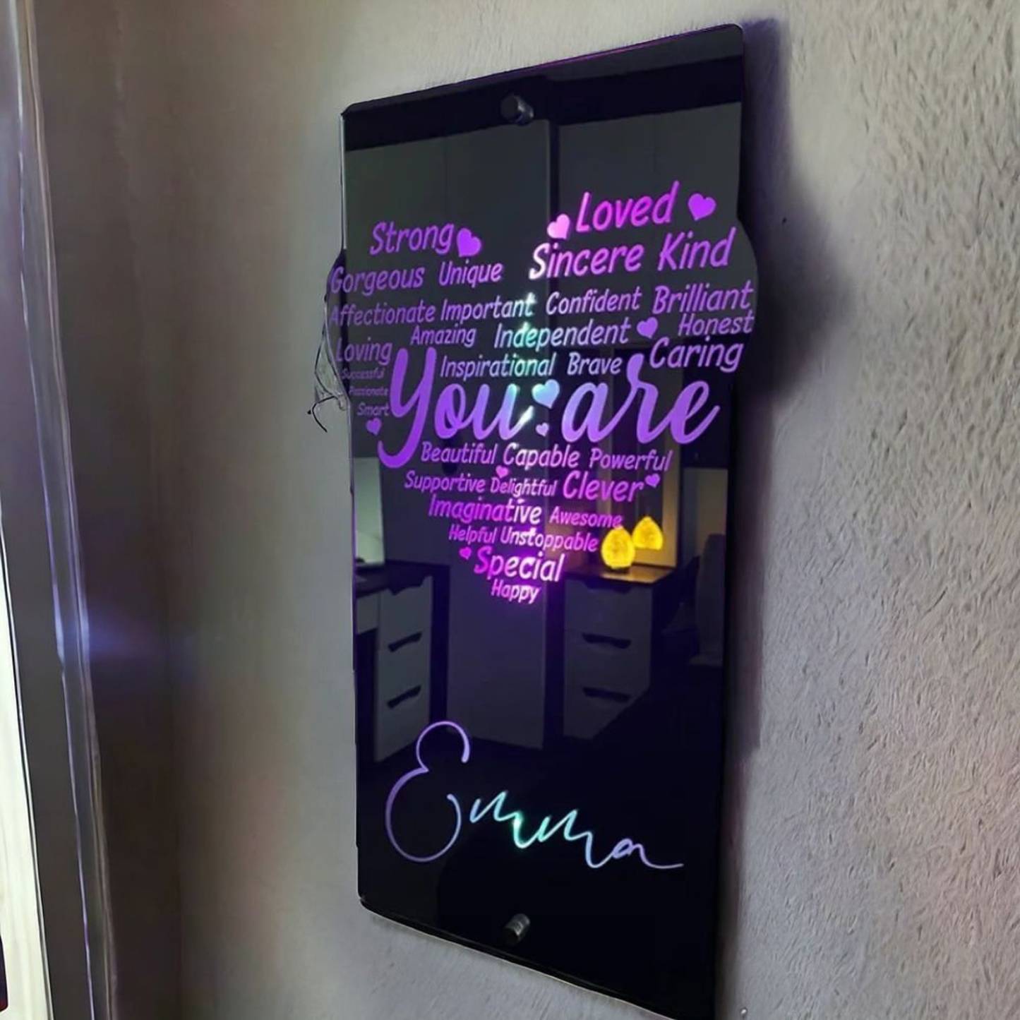 Personalized Heart Affirmation Mirror Light Sign, Customized Name LED Light