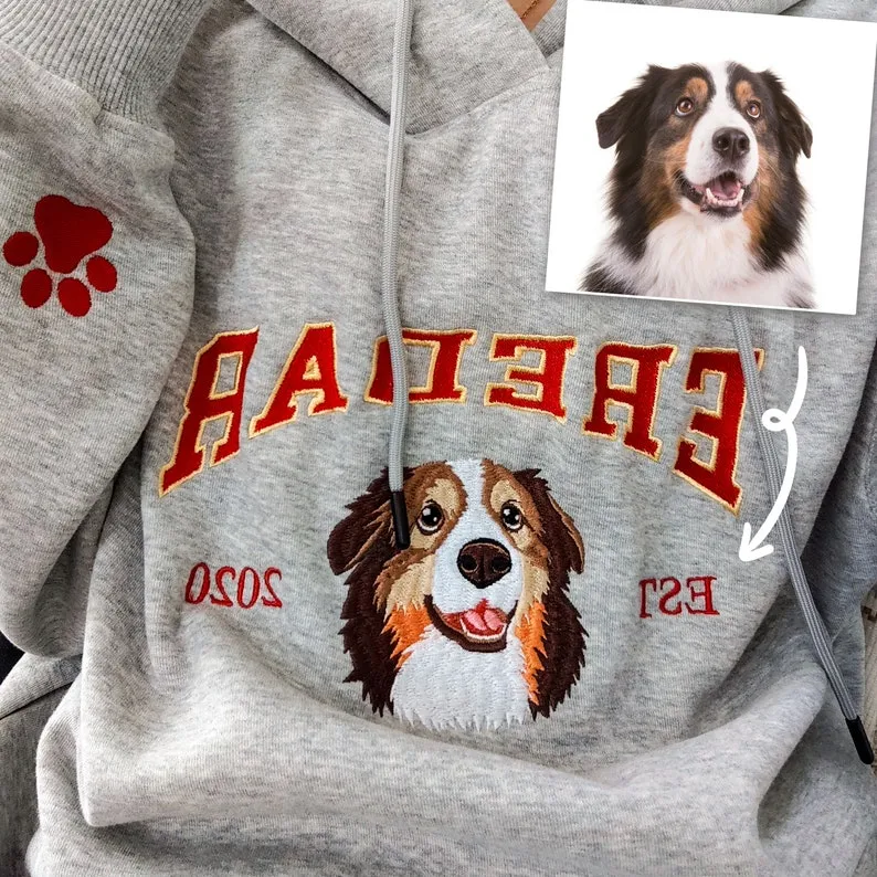 Personalized Dog Embroidered Hoodie, Custom Pet Face Sweatshirt from Your Photo, Varsity Style Hoodie, Personalized tees and Hoodies