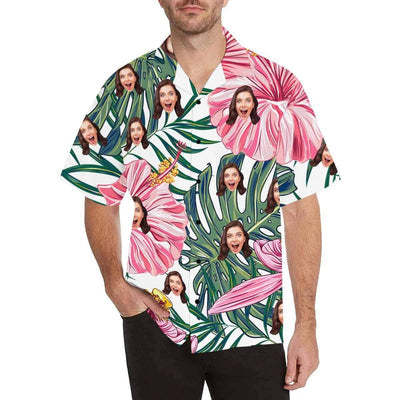 Custom Face Hawaiian Shirt Red Flower Leaves Aloha Shirts for Boyfriend/Husband Birthday Vacation Party Gift-ilovevango