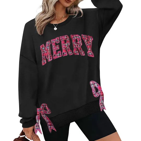 Merry Side Bow Cut-Out Sweatshirt, Plaid Christmas Pullover, Trendy Coquette Bow