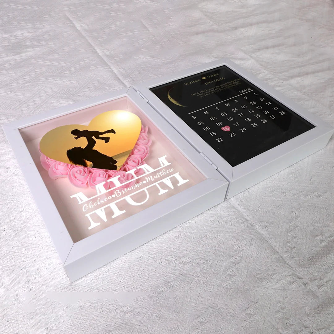 (Mom Photo With Name) With REAL MOON PHASE Anniversary Calendar Custom flower frame-ilovevango