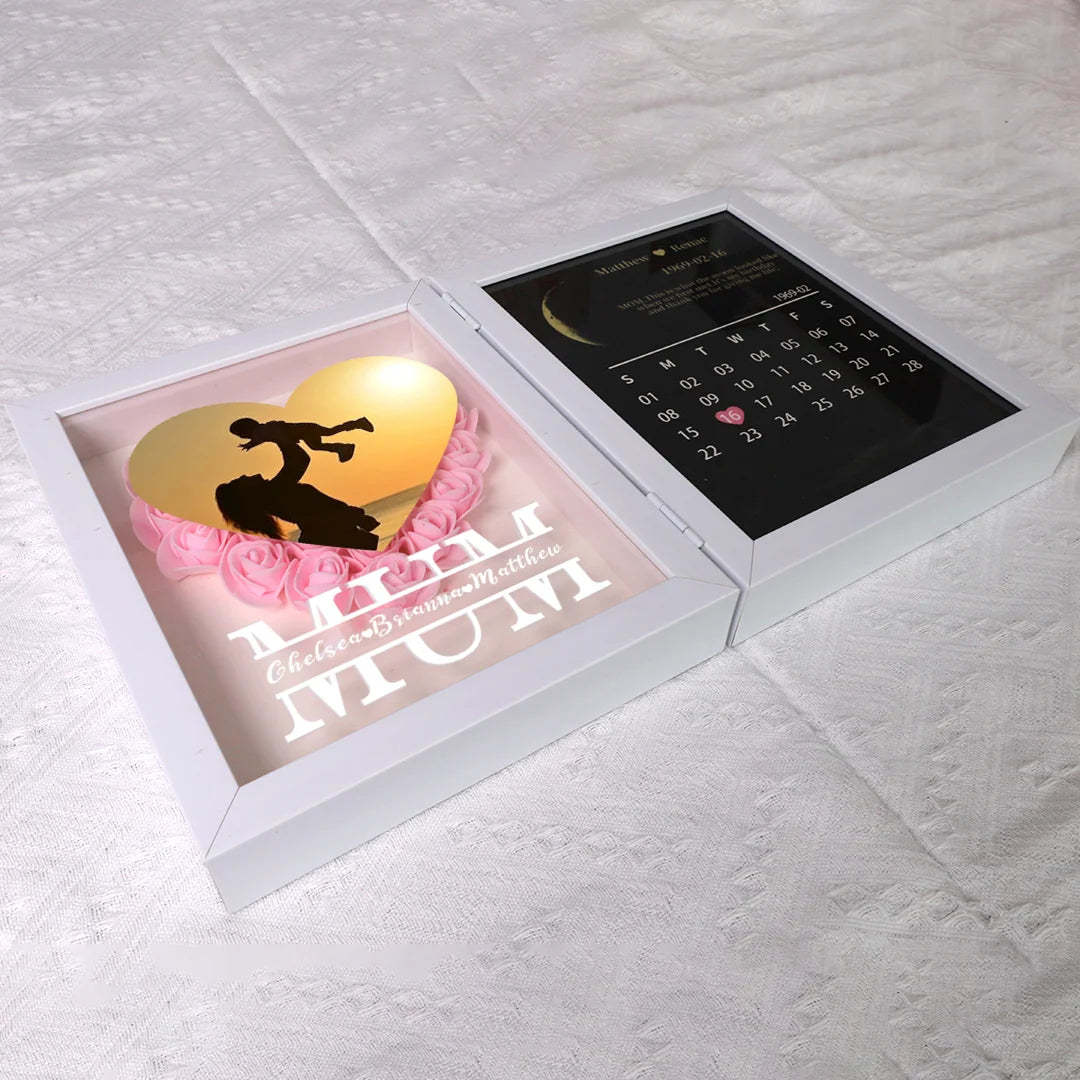 (Mom Photo With Name) With REAL MOON PHASE Anniversary Calendar Custom flower frame-ilovevango