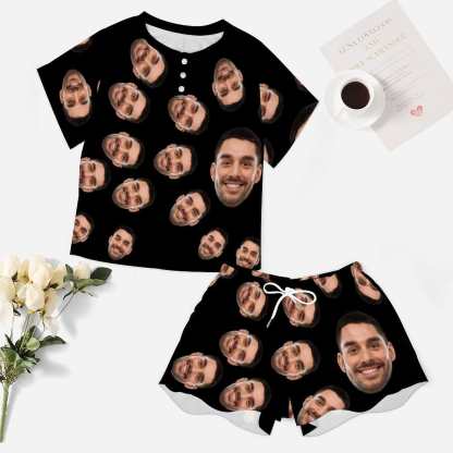 Custom Face Pajama Sets Black Women's Short Sleeve Top and Shorts Loungewear