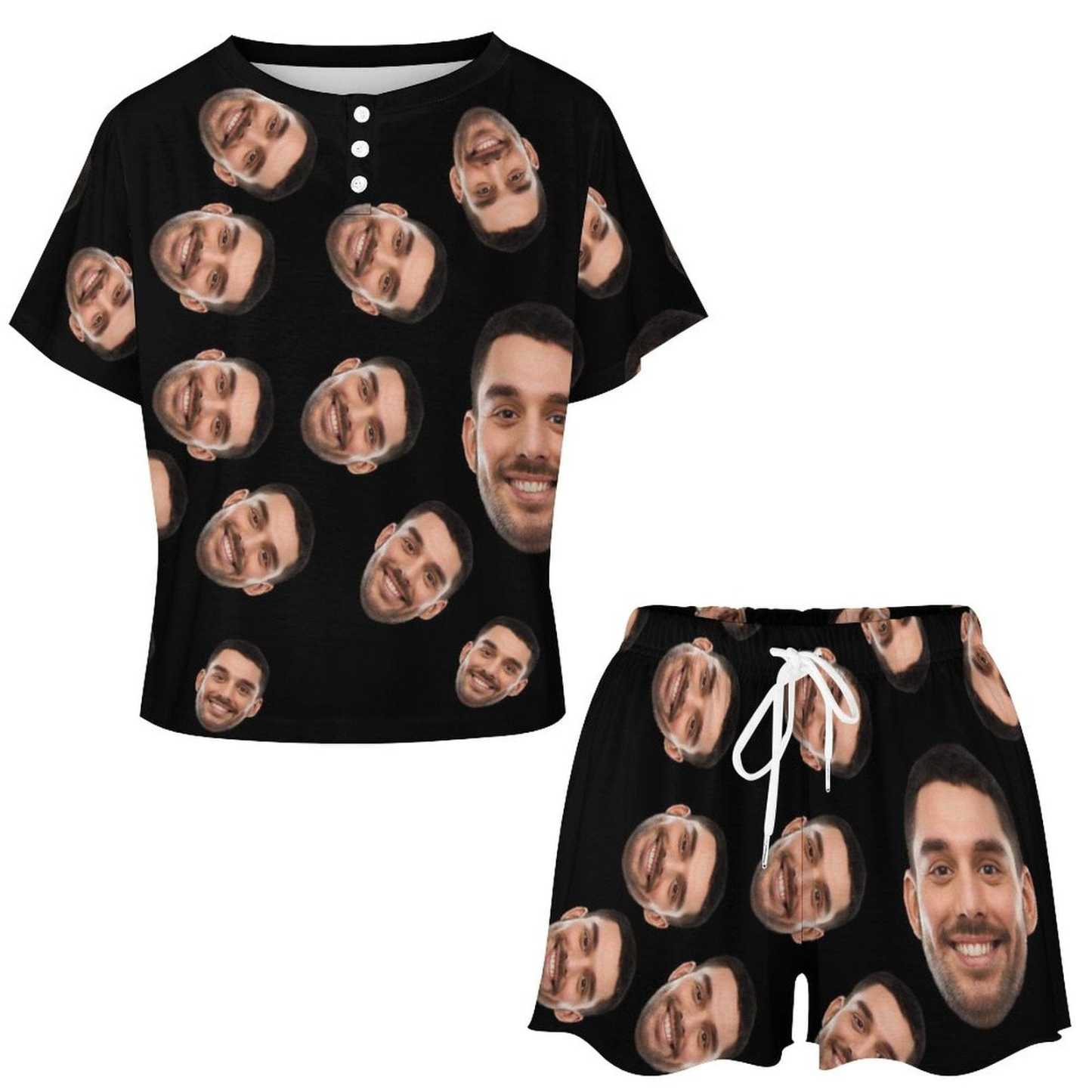 Custom Face Pajama Sets Black Women's Short Sleeve Top and Shorts Loungewear