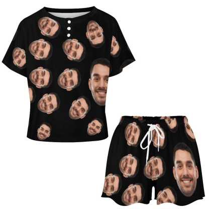 Custom Face Pajama Sets Black Women's Short Sleeve Top and Shorts Loungewear