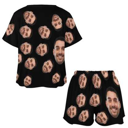 Custom Face Pajama Sets Black Women's Short Sleeve Top and Shorts Loungewear