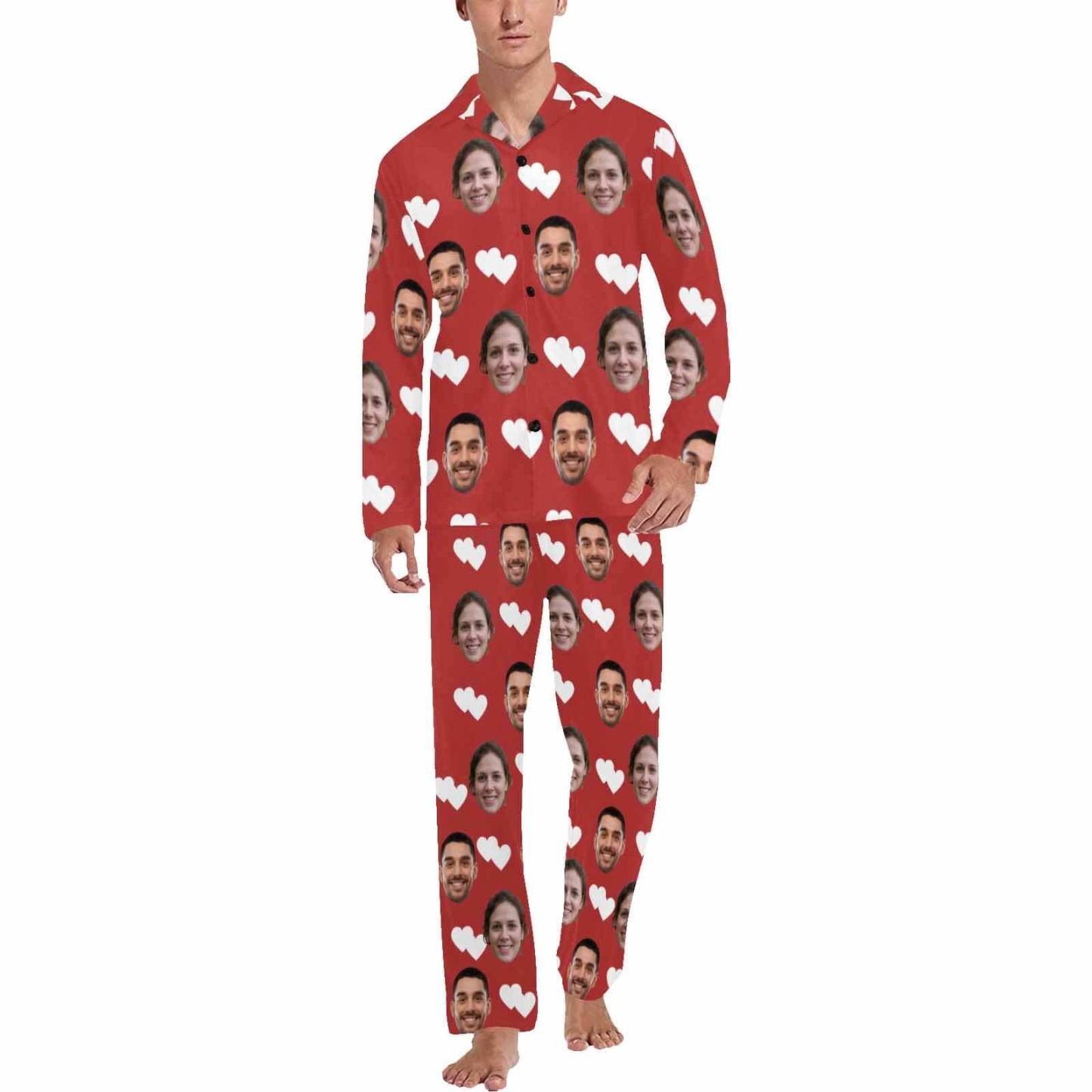 Custom Face Couple Pajamas Personalized White Love Man Custom Image Couple Matching V-Neck Long Sleeves Pajama Set-ilovevango