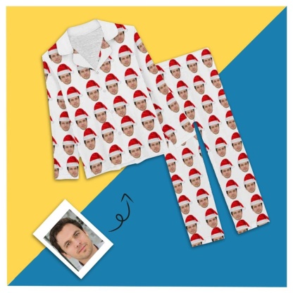 Custom Face Pajama Sets Christmas Hat Personalized Women's PJ Top&Bottom