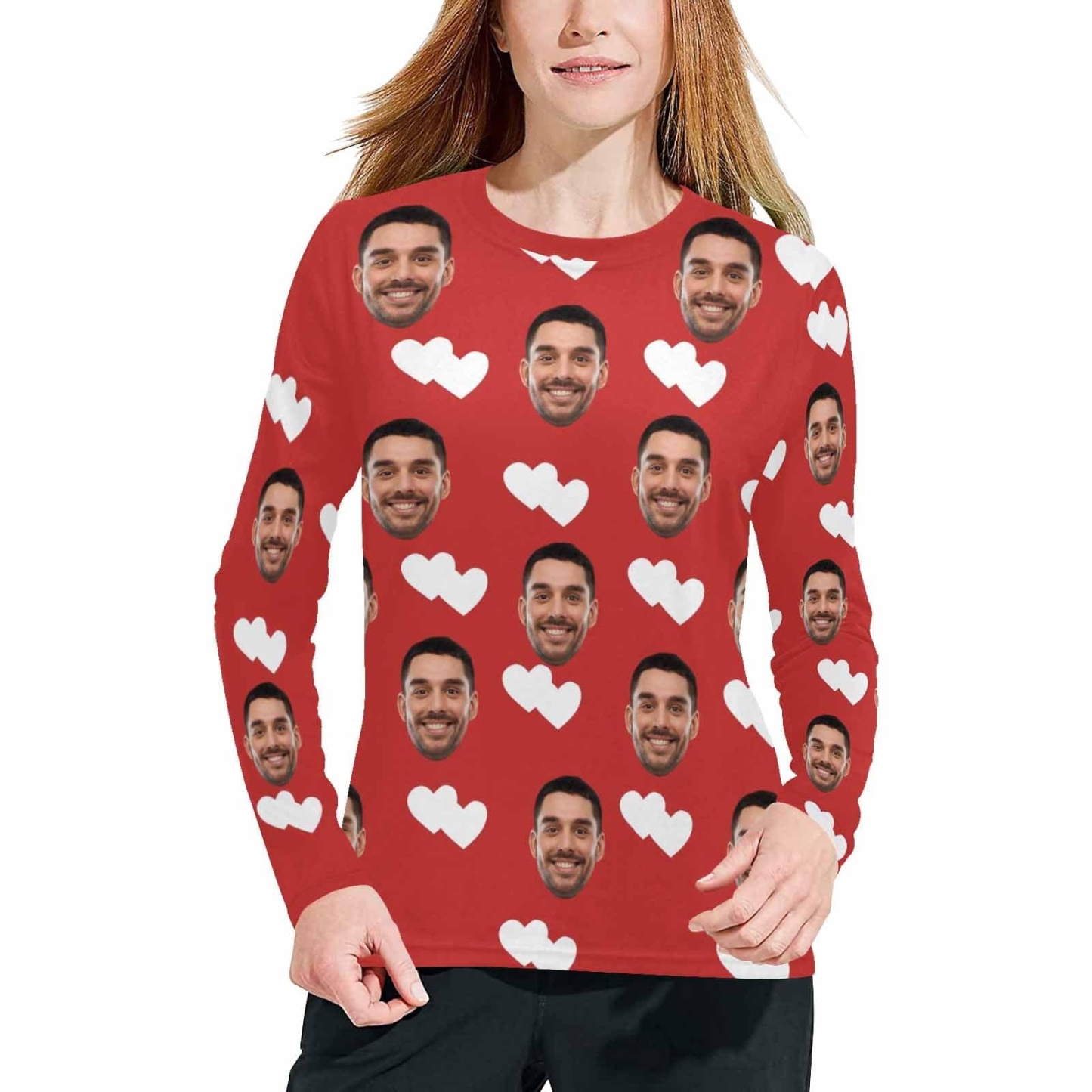 Custom Face Heart Red Long Pajamas Personalized Women's Slumber Party Sleepwear-ilovevango