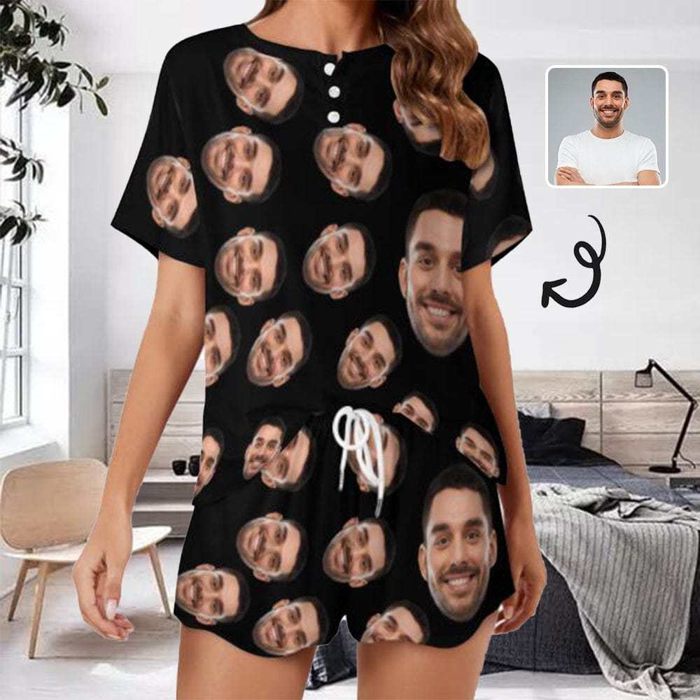 Custom Face Pajama Sets Black Women's Short Sleeve Top and Shorts Loun