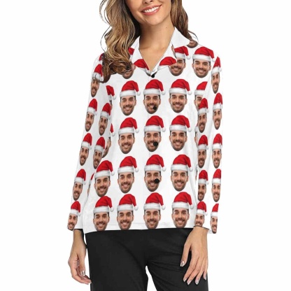 Custom Face Pajama Sets Christmas Hat Personalized Women's PJ Top&Bottom