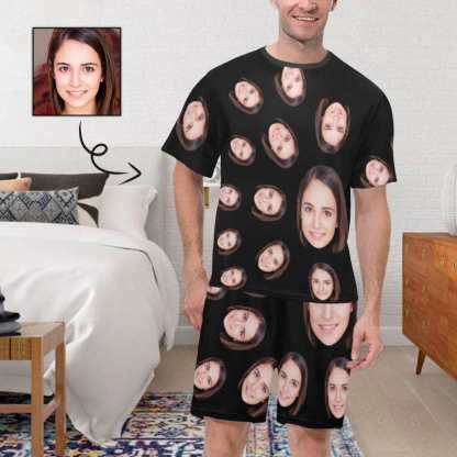 Custom Face Pajama Sets Simple Personalized Black Nightwear for Men Women