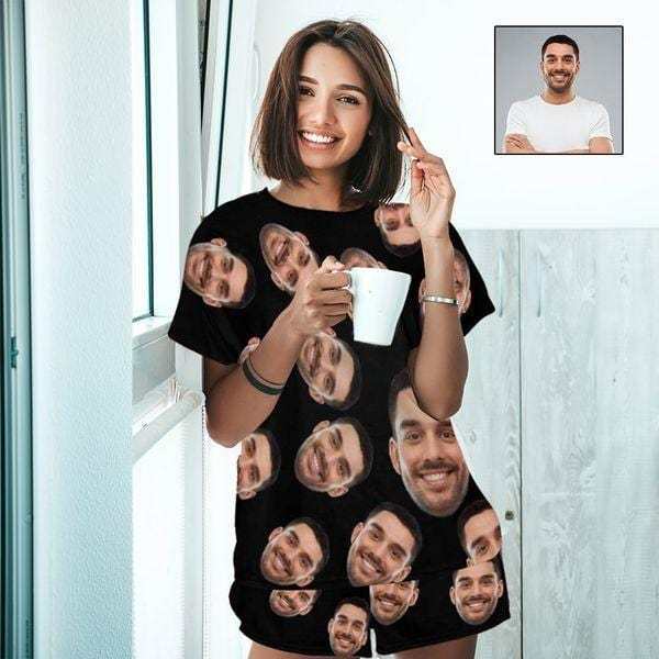 Custom Face Pajama Sets Simple Personalized Black Nightwear for Men Women