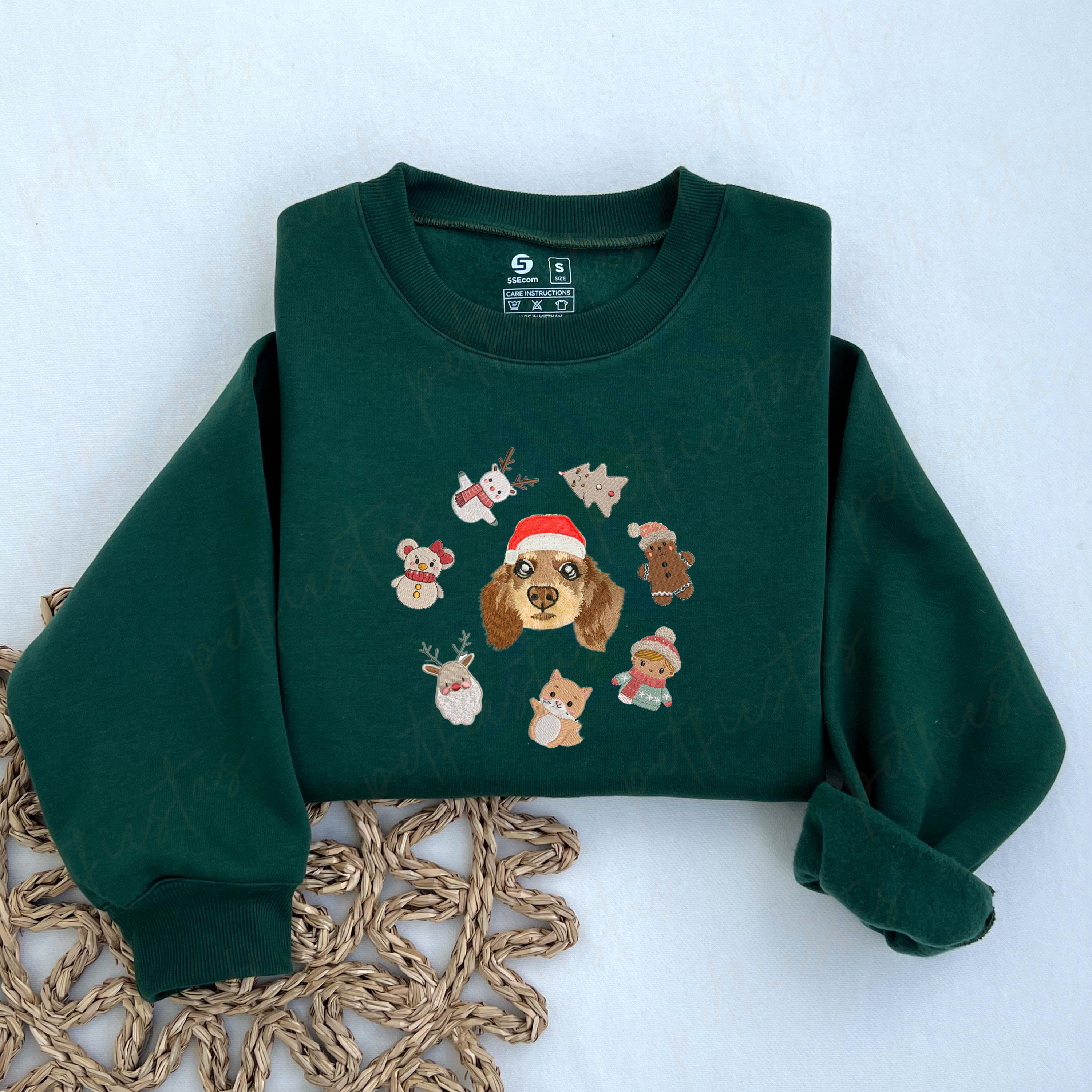 Custom Pet Portrait Christmas Sweatshirt with Festive Embroidered Elements