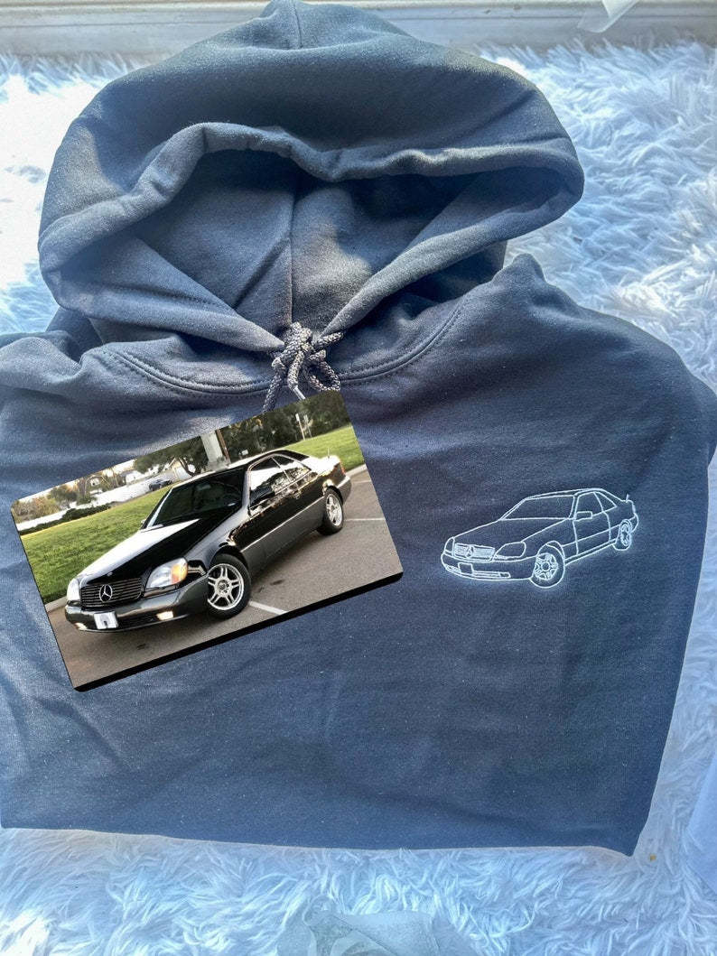 Custom Car Portrait Embroidered Hoodie, Custom Cars Portrait Matching Sweater, Cars Lover Couple Jumper, Memorial Portrait New Dad Gifts-ilovevango
