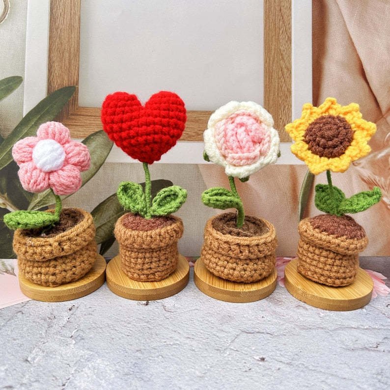Handmade Crochet Flower Pot-Knitted Sunflower/Rose/Tulip/Plum Blossom Gifts For Mom