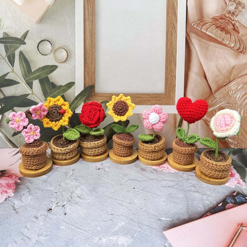 Handmade Crochet Flower Pot-Knitted Sunflower/Rose/Tulip/Plum Blossom Gifts For Mom