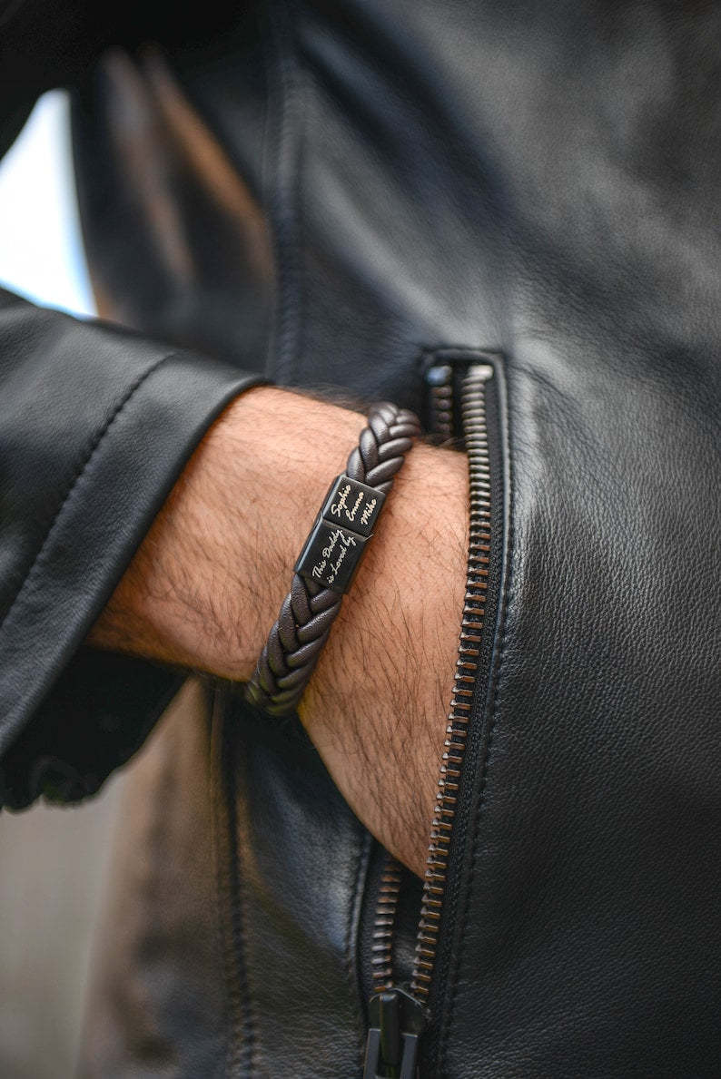 Custom Men's Leather Bracelet: Engraved Family Names, Personalized Anniversary & Birthday Gift for Dad, Husband - Unique Handmade Bracelet-ilovevango