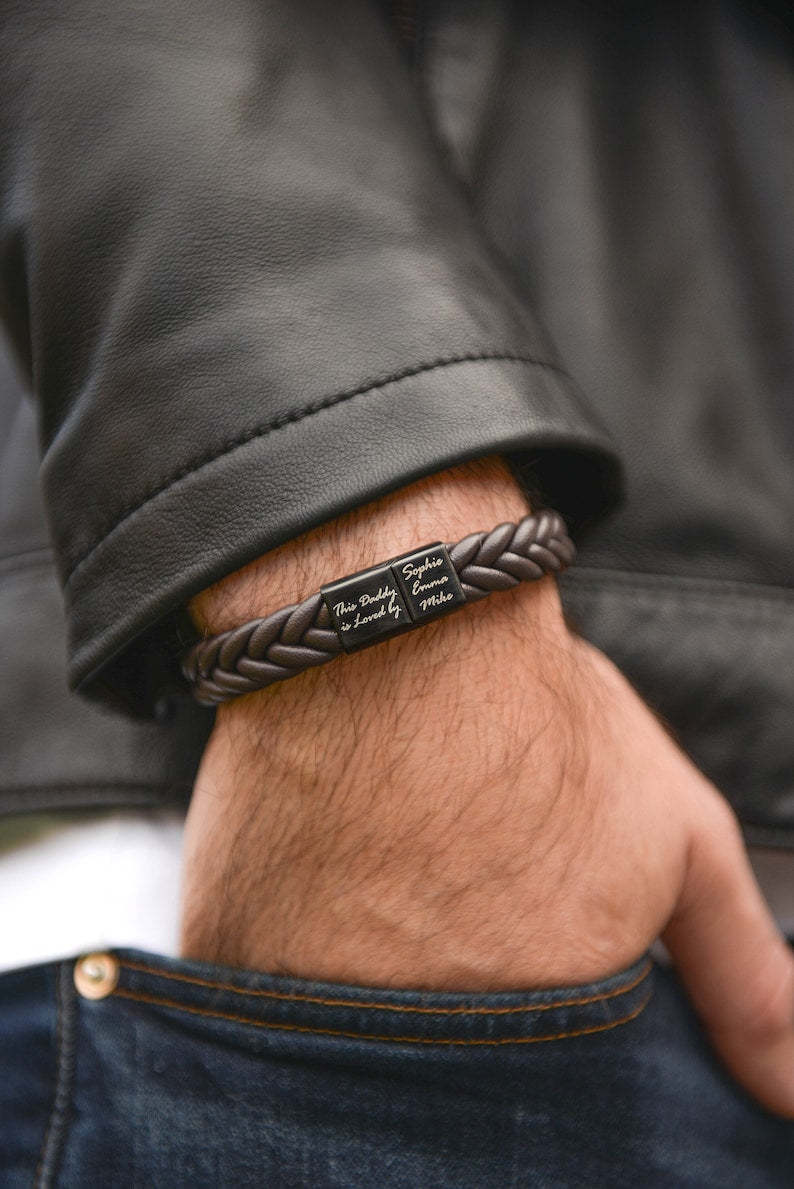Custom Men's Leather Bracelet: Engraved Family Names, Personalized Anniversary & Birthday Gift for Dad, Husband - Unique Handmade Bracelet-ilovevango