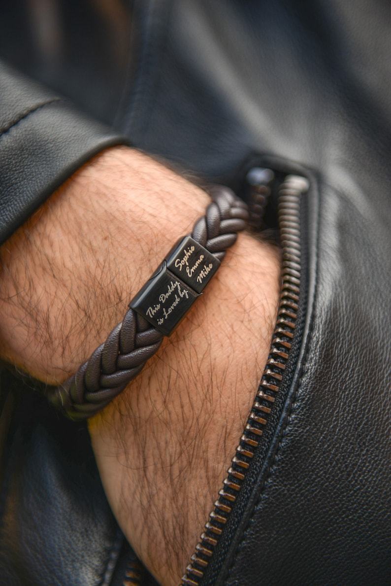 Custom Men's Leather Bracelet: Engraved Family Names, Personalized Anniversary & Birthday Gift for Dad, Husband - Unique Handmade Bracelet-ilovevango