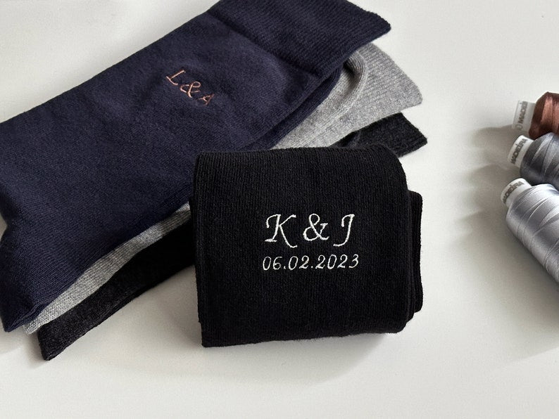 Embroidered Initial Socks with Anniversary Date Option - Custom Second Wedding Anniversary Loved One Gift Wedding Day Socks | Italic Font-ilovevango