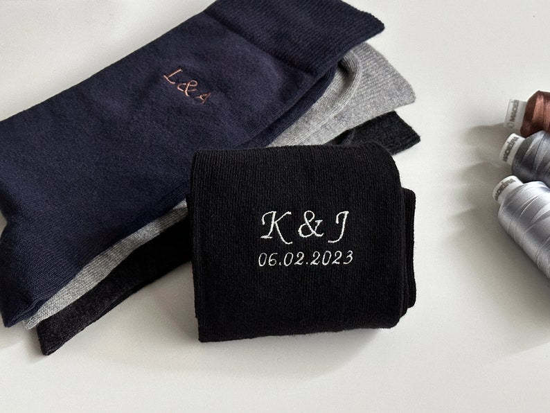 Embroidered Initial Socks with Anniversary Date Option - Custom Second Wedding Anniversary Loved One Gift Wedding Day Socks | Italic Font-ilovevango
