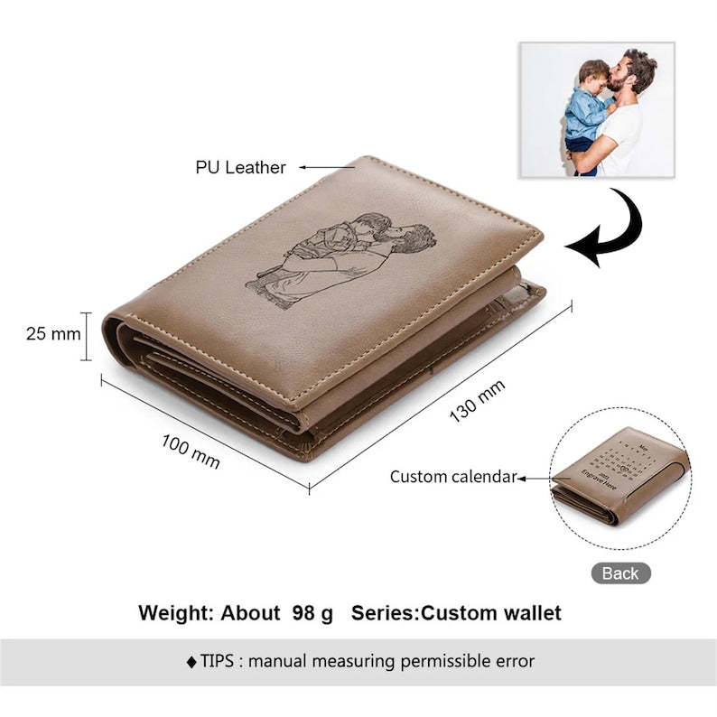 Personalized Photo Wallet Leather Purse for Men Engraved Picture Wallet Large Capacity PU Leather Anniversary Gift for Dad for Him-ilovevango