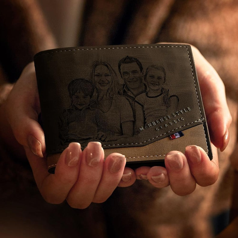 Fathers Day Photo Engraved Classic Style Leather Wallet For Men