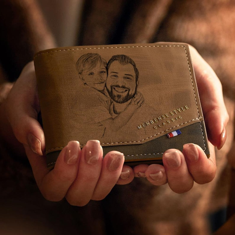 Fathers Day Photo Engraved Classic Style Leather Wallet For Men