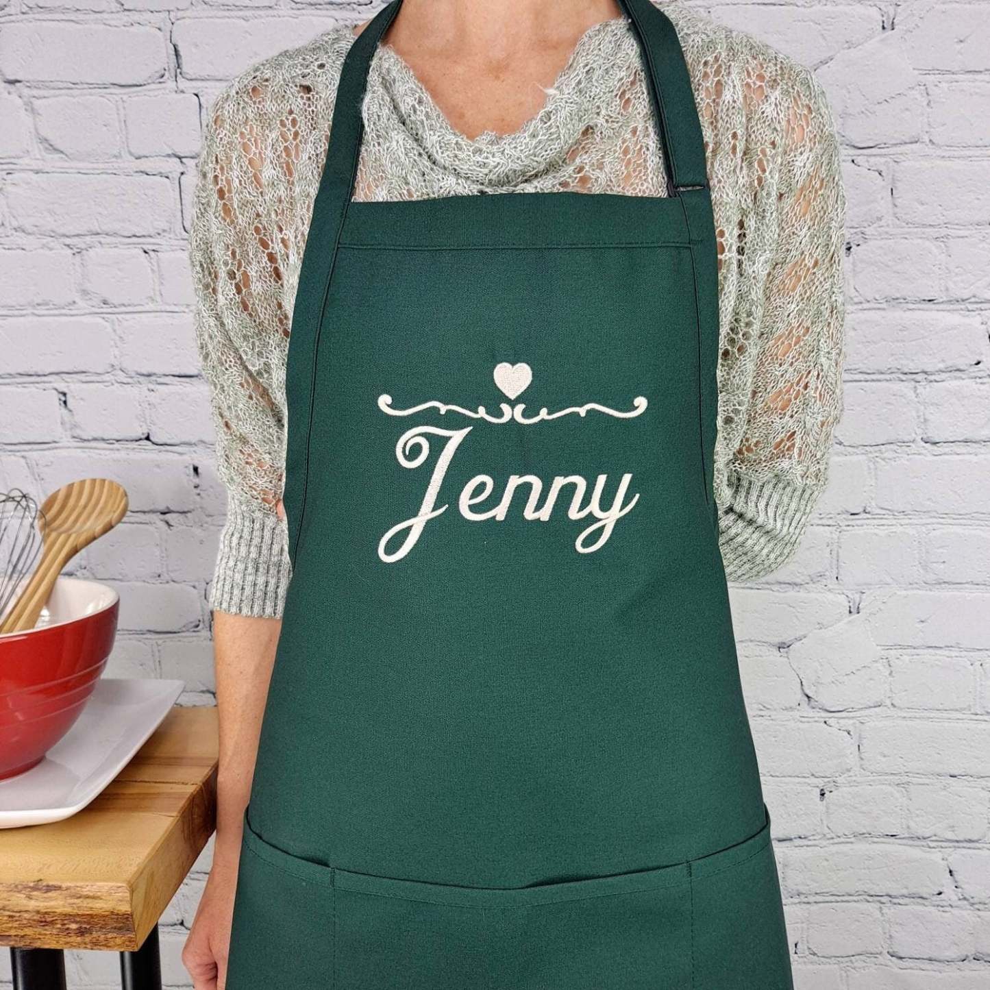 Customizable Apron Personalize Name Heart Kitchen Embroidered Apron Gift For Her-ilovevango