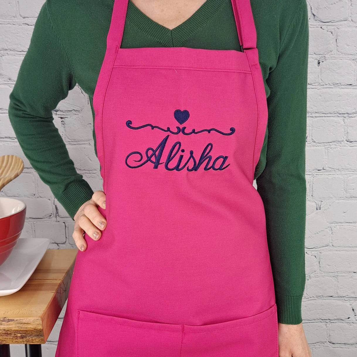 Customizable Apron Personalize Name Heart Kitchen Embroidered Apron Gift For Her-ilovevango