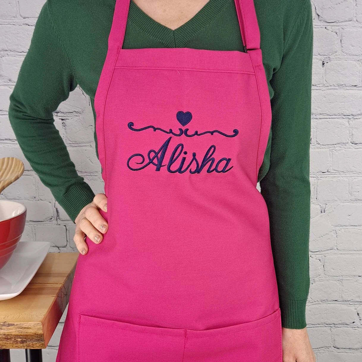 Customizable Apron Personalize Name Heart Kitchen Embroidered Apron Gift For Her-ilovevango