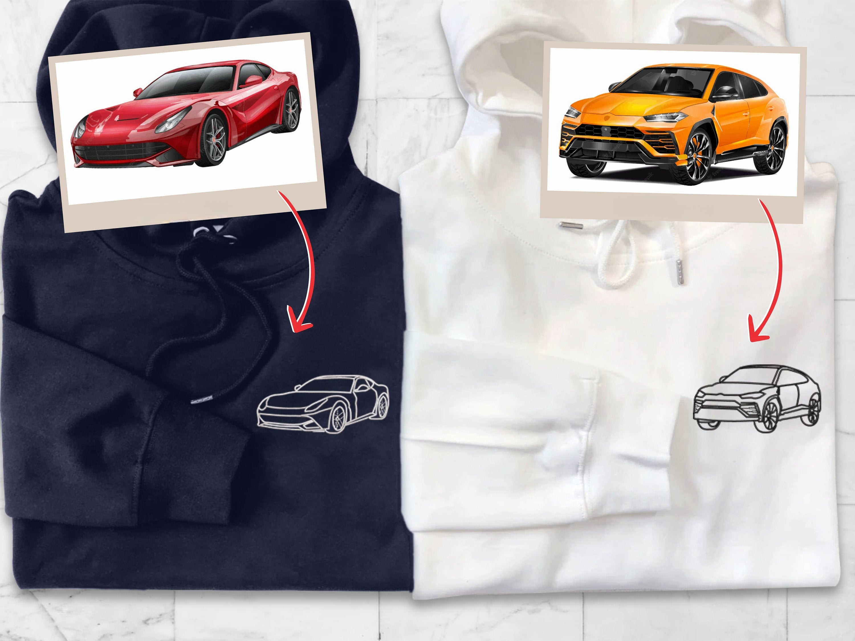 Custom Car Portrait from Photo Embroidered Hoodie, Personalised Car Drawing Sweater, Line Art Outline Car Gift Hoodie, Gift for Boyfriend-ilovevango