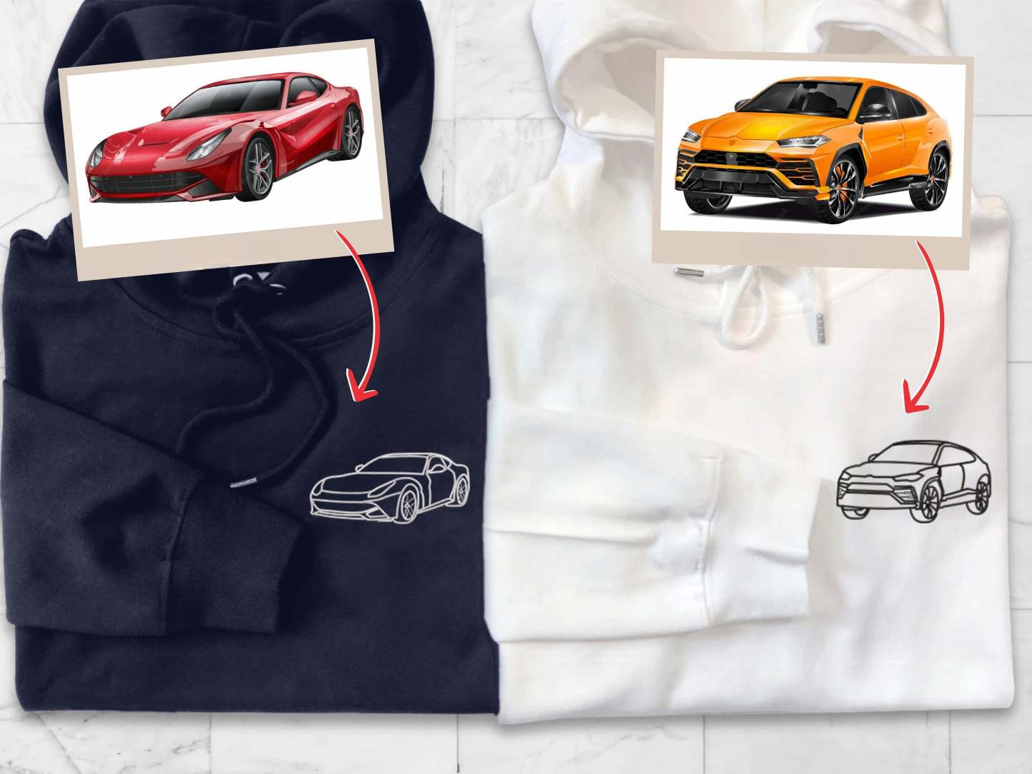 Custom Car Portrait from Photo Embroidered Hoodie, Personalised Car Drawing Sweater, Line Art Outline Car Gift Hoodie, Gift for Boyfriend-ilovevango