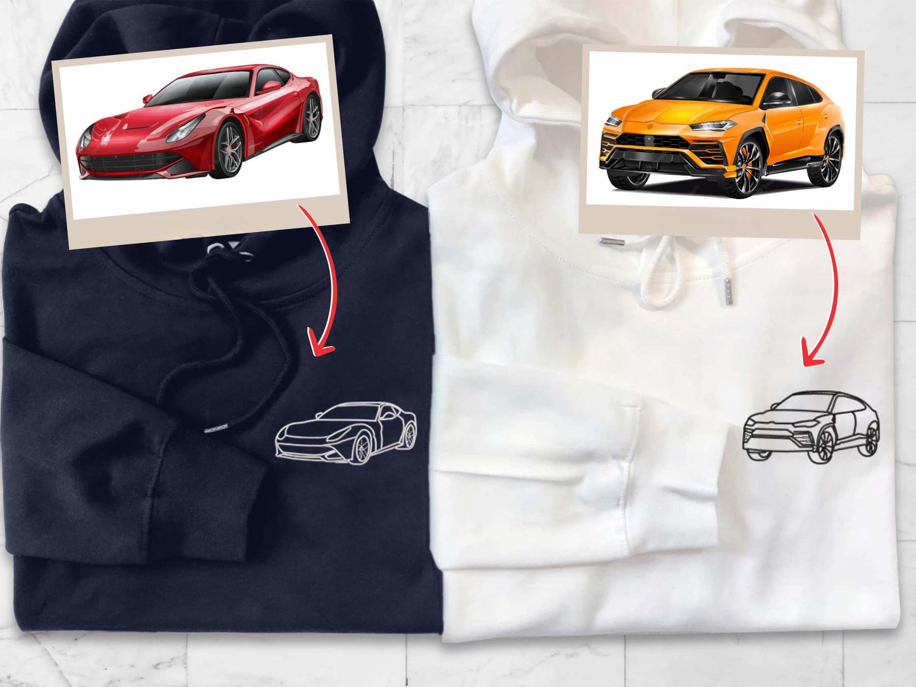 Custom Car Portrait from Photo Embroidered Hoodie, Personalised Car Drawing Sweater, Line Art Outline Car Gift Hoodie, Gift for Boyfriend-ilovevango