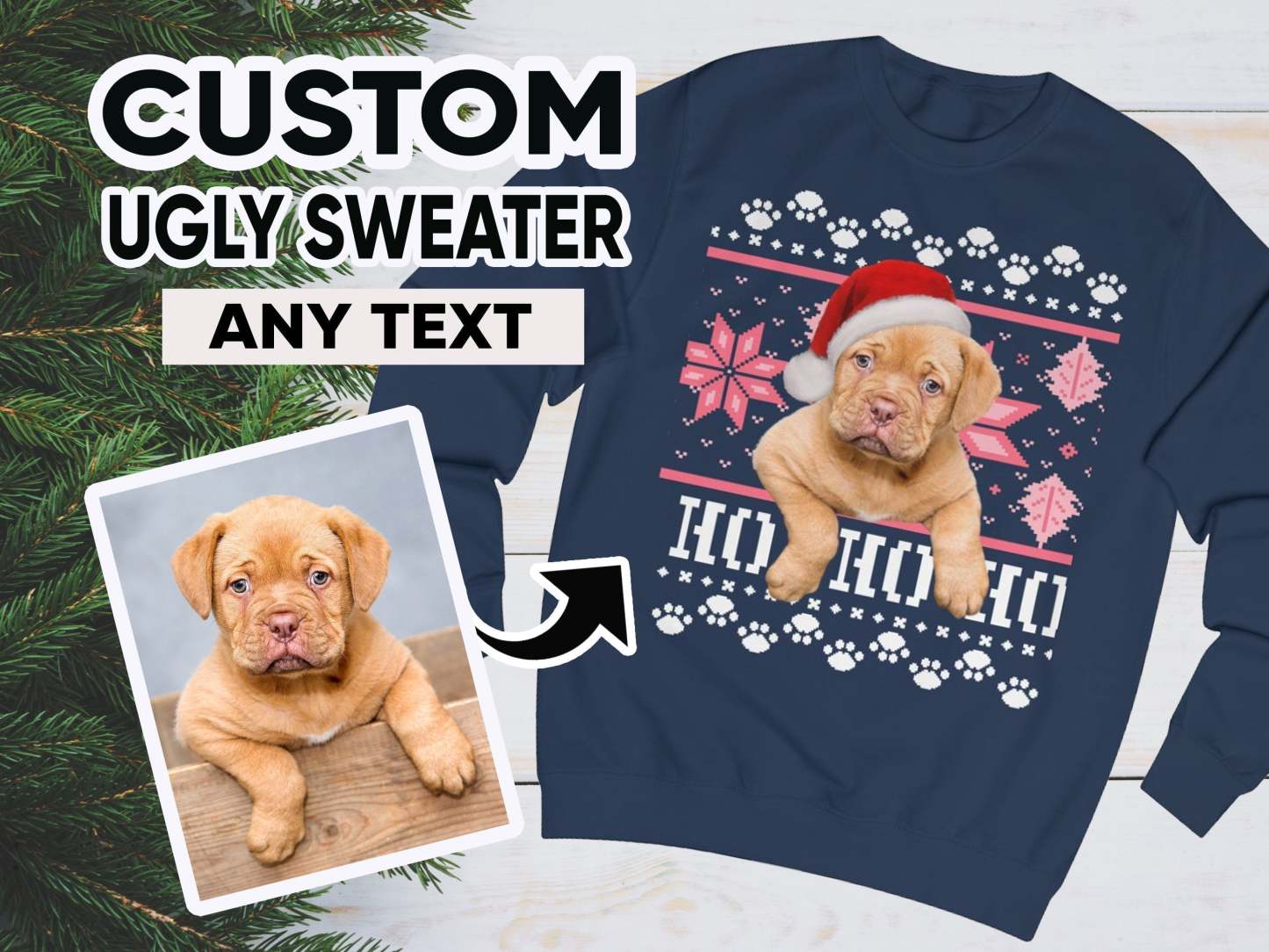 Ugly Christmas Sweatshirt, Custom Dog Ugly Sweater for Christmas, Santa Dog on Christmas Sweater, Personalised Face Pullover, Santa Hat Dog-ilovevango