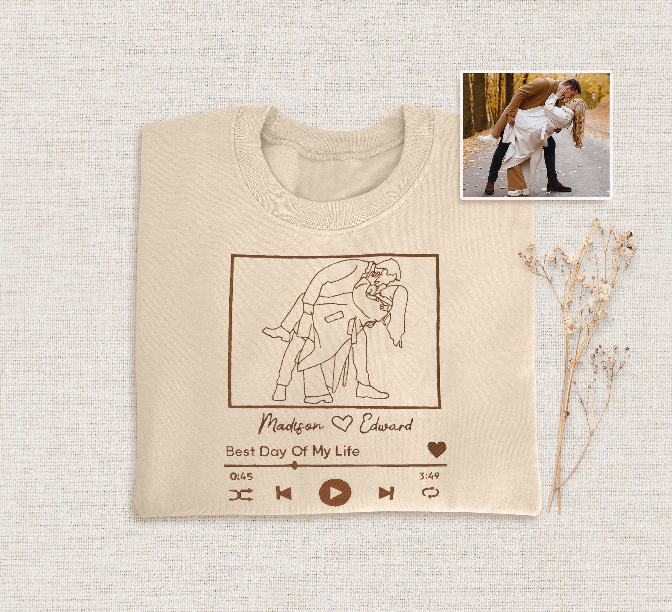 Custom Embroidered Portrait Sweatshirt With Song, Embroidered Outline Photo Sweatshirt, Personalized Couple Hoodies, Portrait From Photo-ilovevango
