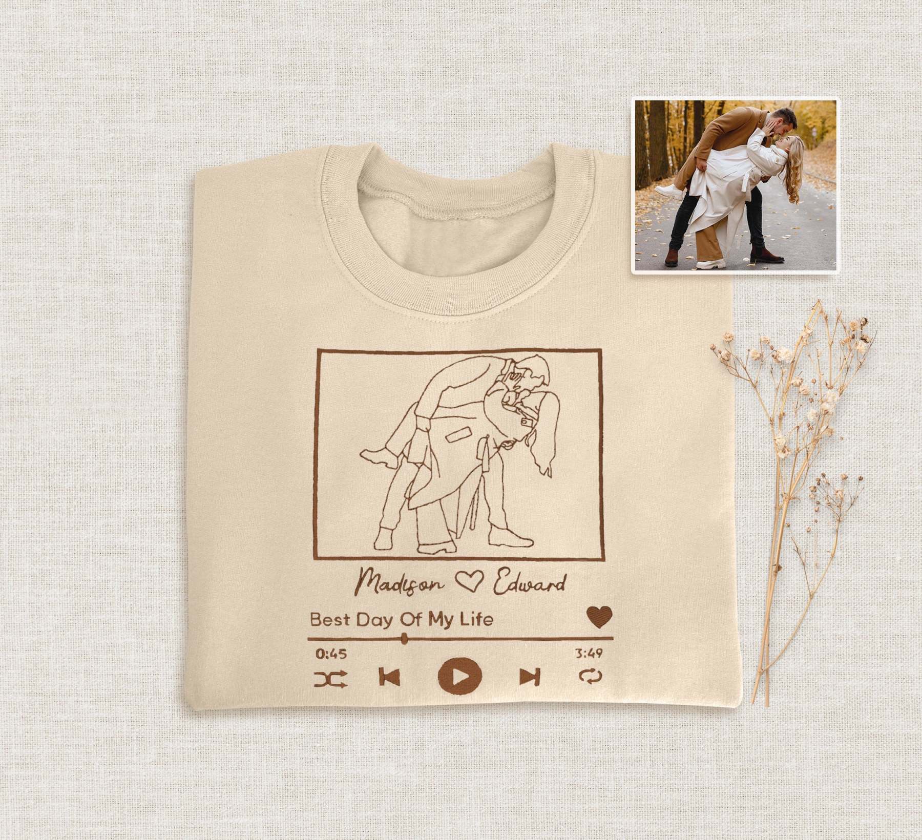 Custom Embroidered Portrait Sweatshirt With Song, Embroidered Outline Photo Sweatshirt, Personalized Couple Hoodies, Portrait From Photo-ilovevango