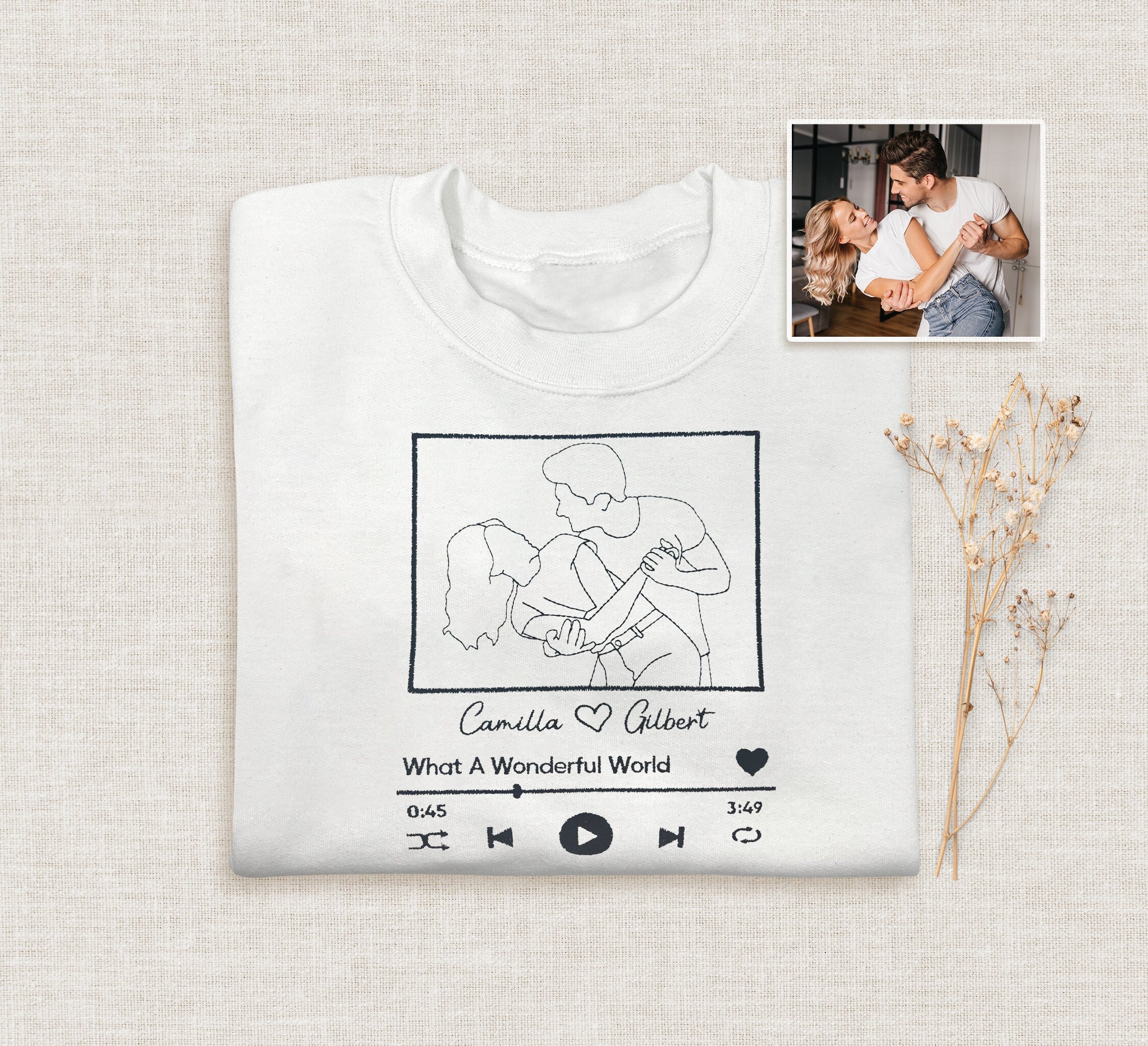 Custom Embroidered Portrait Sweatshirt With Song, Embroidered Outline Photo Sweatshirt, Personalized Couple Hoodies, Portrait From Photo-ilovevango