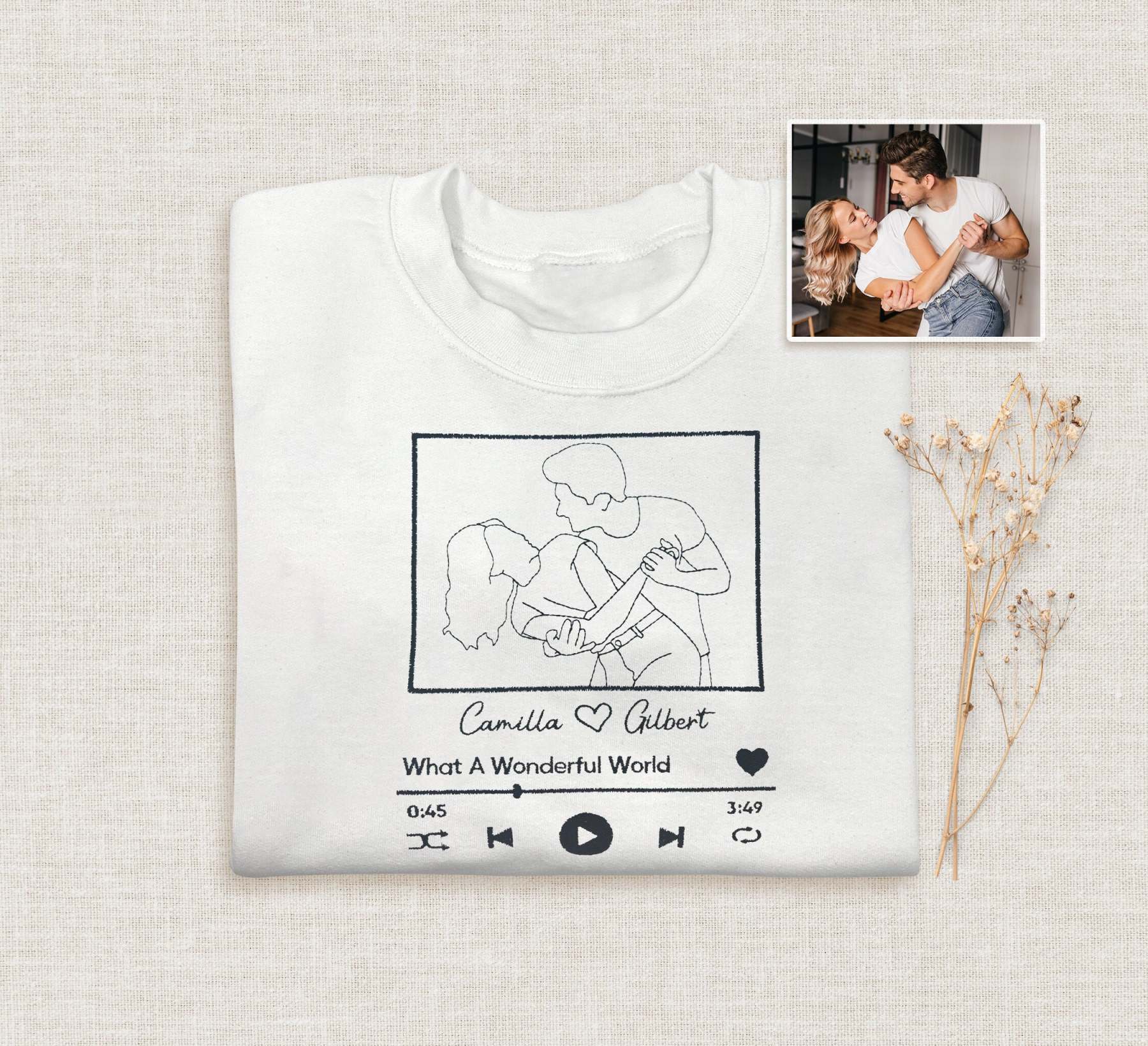 Custom Embroidered Portrait Sweatshirt With Song, Embroidered Outline Photo Sweatshirt, Personalized Couple Hoodies, Portrait From Photo-ilovevango