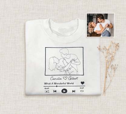 Custom Embroidered Portrait Sweatshirt With Song, Embroidered Outline Photo Sweatshirt, Personalized Couple Hoodies, Portrait From Photo-ilovevango