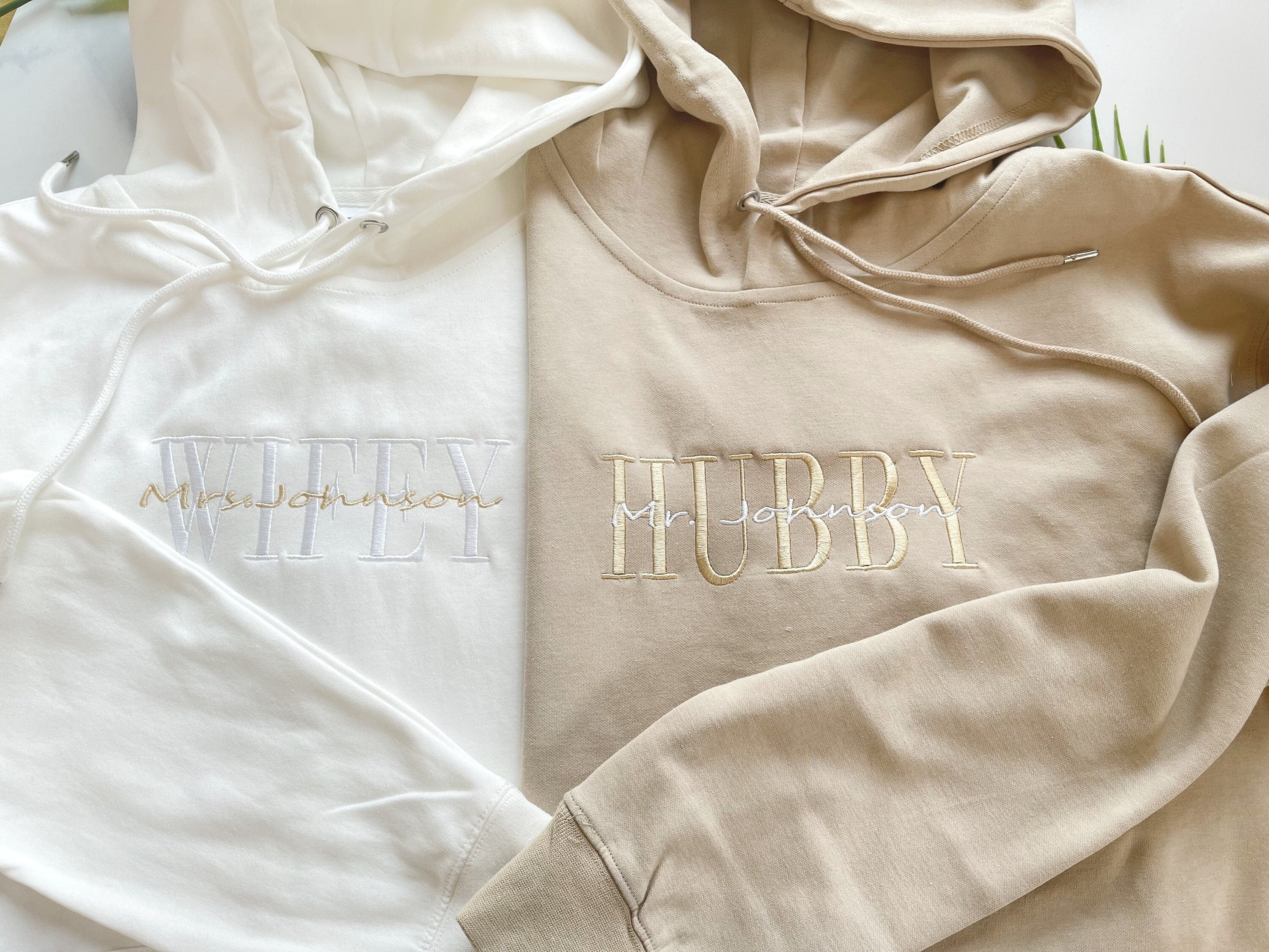 Custom Embroidered Anniversary Sweatshirt Hoodie, Embroidery Wifey Hubby Couple Hoodie Sweatshirt, Custom last name Sweatshirt-ilovevango
