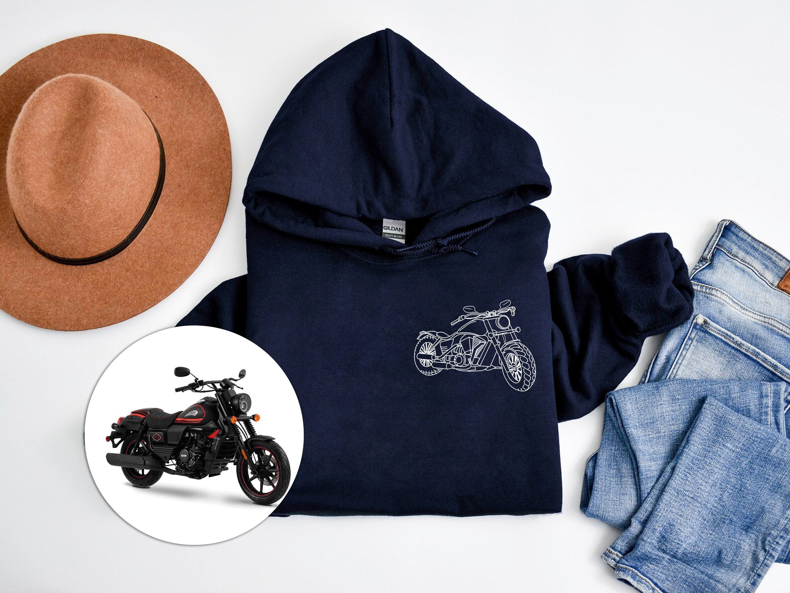 Photo Portrait Hoodie, Print Pocket Size Portrait Outline Motorcycle Hoodie, Custom Line Art Gift For Bikers-ilovevango