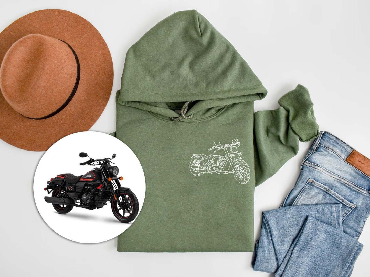 Photo Portrait Hoodie, Print Pocket Size Portrait Outline Motorcycle Hoodie, Custom Line Art Gift For Bikers-ilovevango