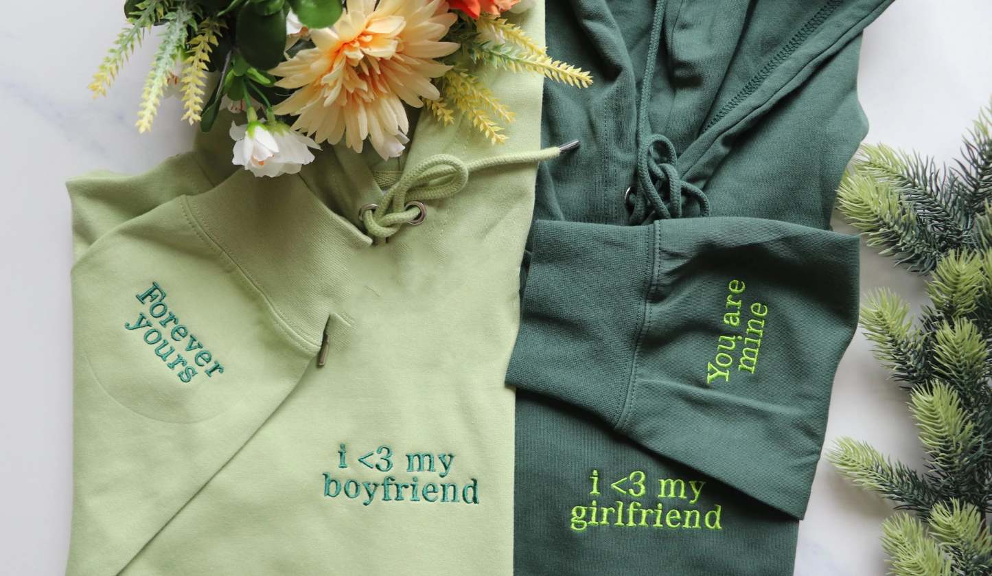 Personalized Embroidered Sweatshirt Hoodie Initial on sleeve, Couples Gifts Valentines Day Gift for Him for her Forever yours You are mine-ilovevango