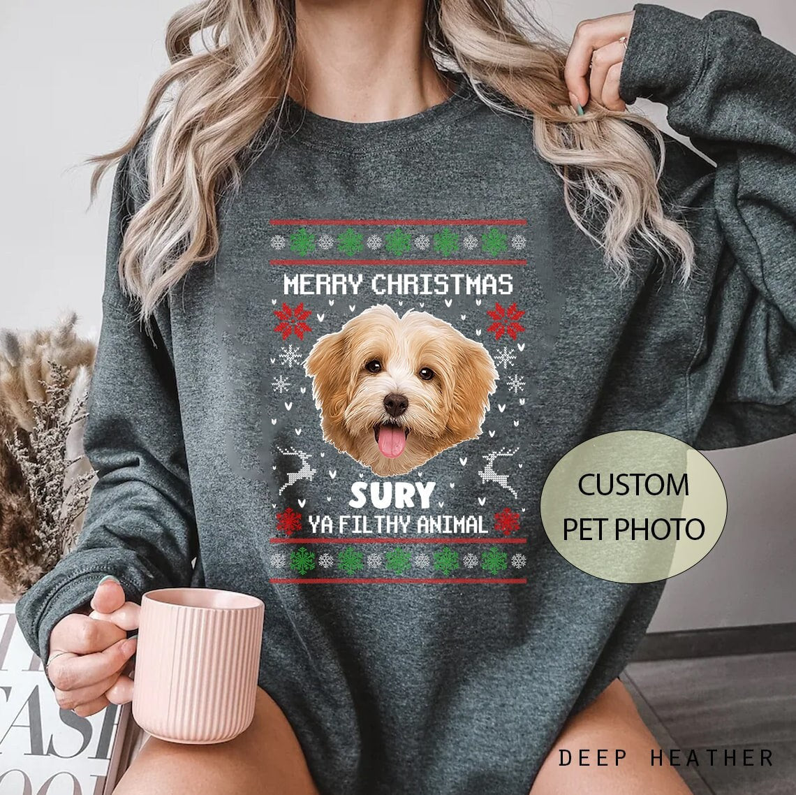 Ya Filthy Animal Animal Sweatshirt, Custom Ugly Christmas Sweatshirt, Custom Dog Pet Christmas, Custom Pet Photo Christmas Sweatshirt-ilovevango