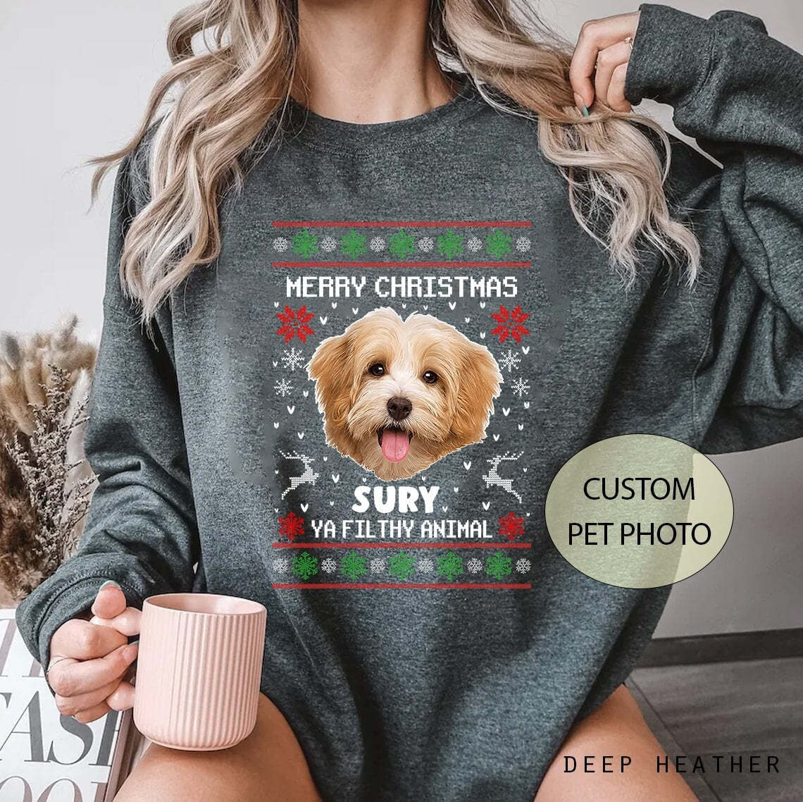 Ya Filthy Animal Animal Sweatshirt, Custom Ugly Christmas Sweatshirt, Custom Dog Pet Christmas, Custom Pet Photo Christmas Sweatshirt-ilovevango