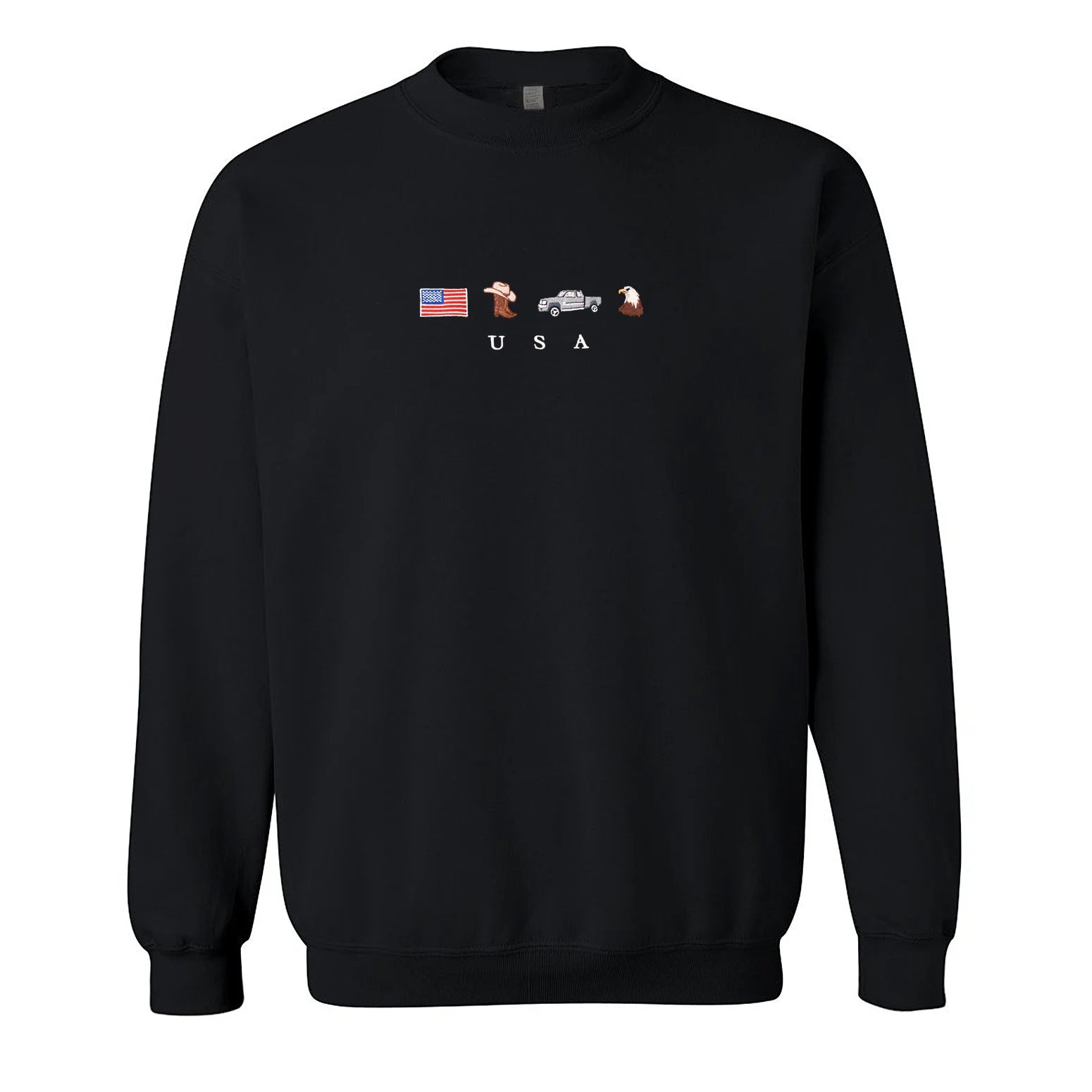 USA Embroidered Sweatshirt, United States, America, Crewneck, Flag, Cowboy Boots, Cowboy Hat, Cowgirl, Truck, Jeep, Eagle, Patriot, July 4th-ilovevango