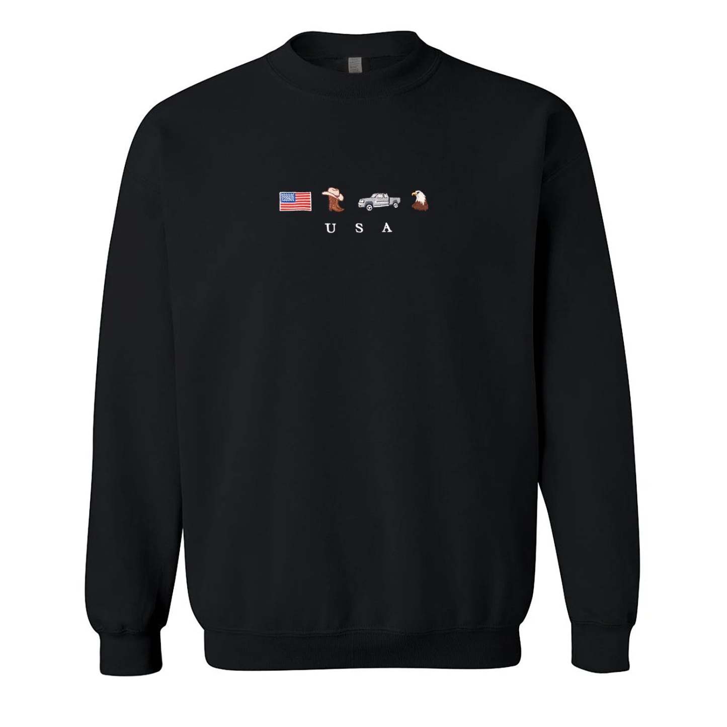USA Embroidered Sweatshirt, United States, America, Crewneck, Flag, Cowboy Boots, Cowboy Hat, Cowgirl, Truck, Jeep, Eagle, Patriot, July 4th-ilovevango